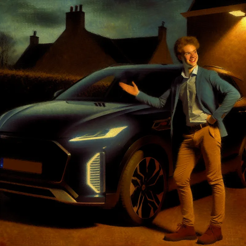 Jonge man staat trots naast een modern voertuig en wijst ernaar met een glimlach, omgeven door een dramatische achtergrond met straatverlichting.