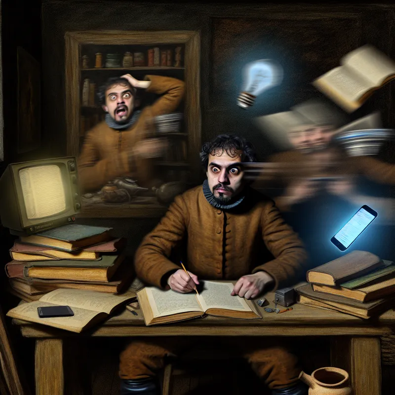 Jonge man die verloren in gedachten zit aan een rommelig bureau, omringd door boeken en papieren, met een frustrerende en afwezige uitdrukking.