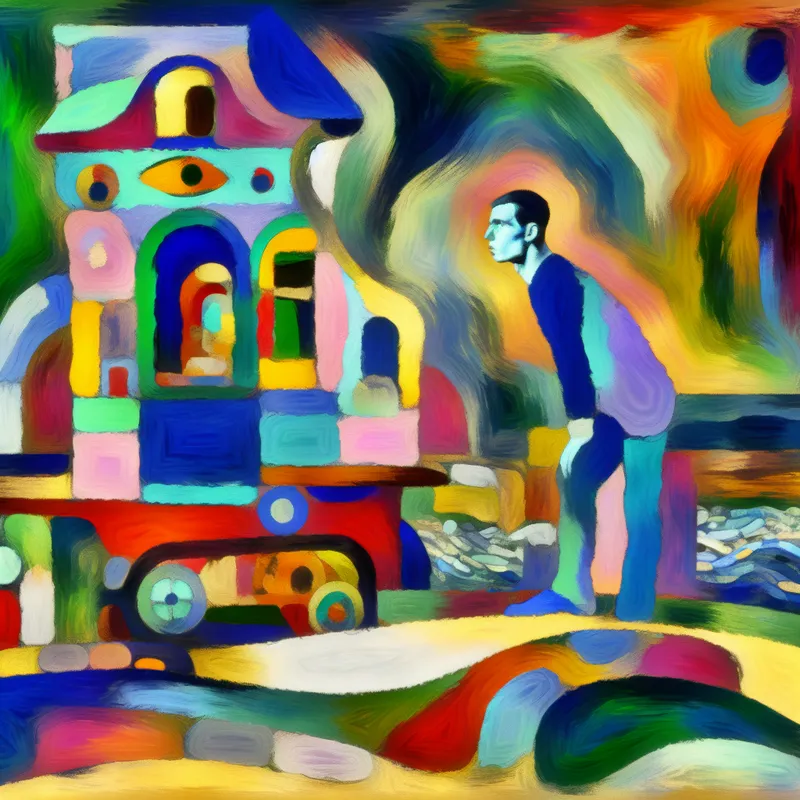 Jonge man wacht in kleurrijke omgeving, abstract geïnspireerd door Karel Appel