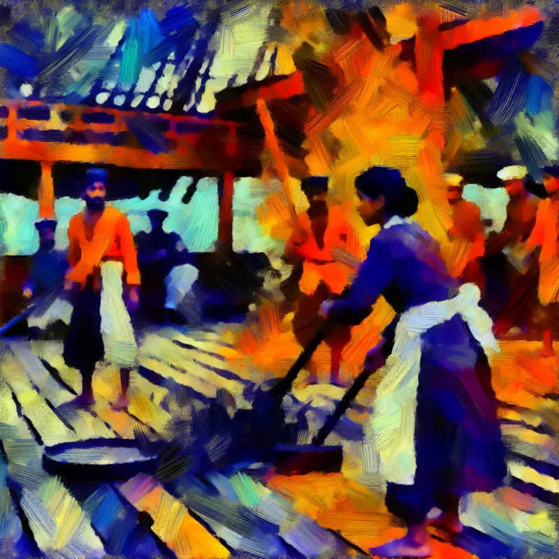 Abstract expressionistische voorstelling van een jonge matroos die het dek schrobt, met dynamische penseelstreken en levendige kleuren die de rangorde op een schip benadrukken