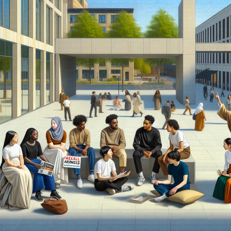 Groep diverse jonge mensen in moderne stadsplein, discussie over raciale gelijkheid.