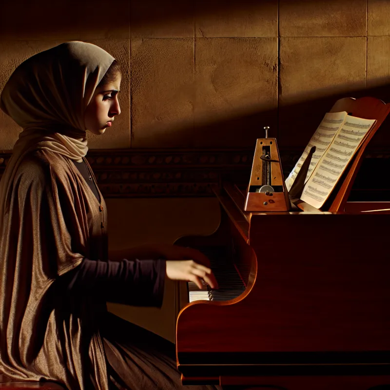 Jonge muzikante oefent aan een vle piano met muziekbladen voor zich en een metronoom naast haar.