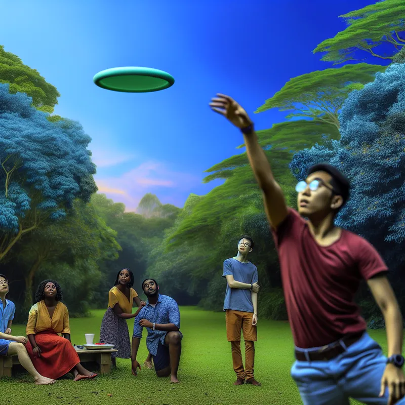 Een jonge persoon gooit een frisbee door de lucht met vrienden op de achtergrond.