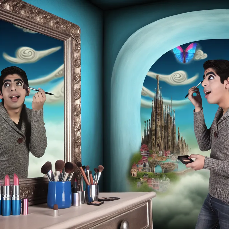 Een jonge persoon staat voor een grote spiegel en brengt make-up aan, omringd door cosmetica als kwasten, oogschaduw en lipsticks.