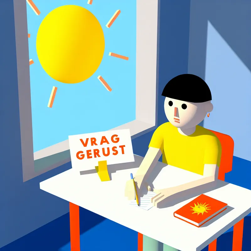 Een jonge persoon zit aan een tafel, met een contemplatieve blik en een papier en pen voor zich. Er staat een bordje 'Vraag gerust!' op de tafel en buiten de raam schijnt de zon.