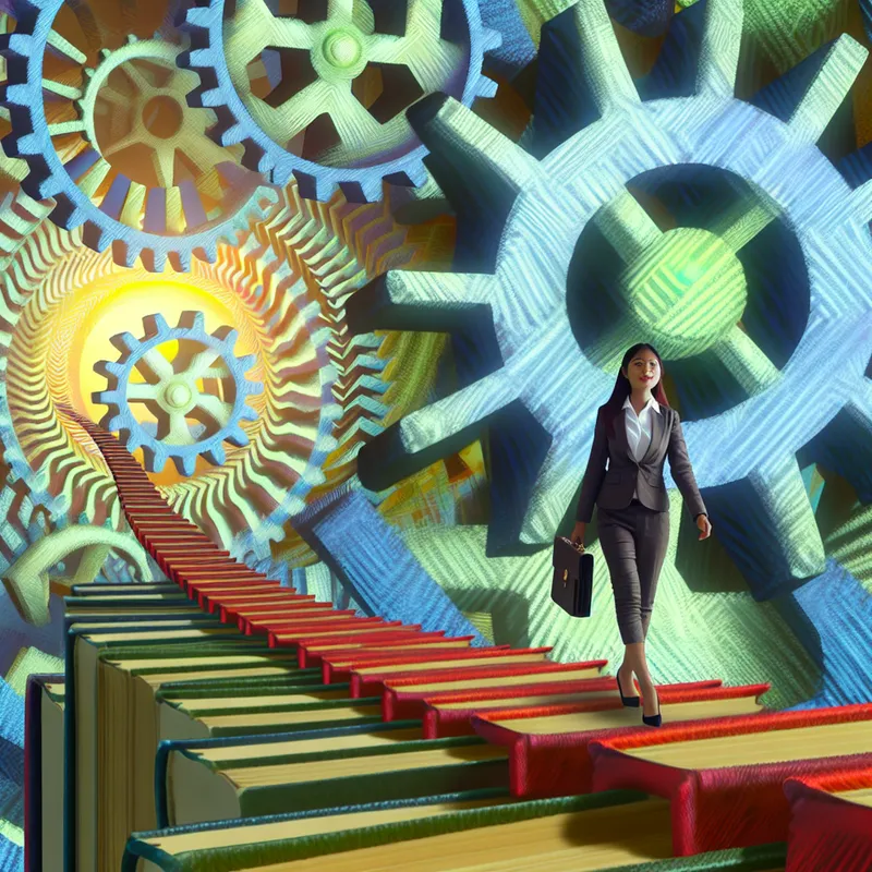 Een jonge professional in een pak die op een pad van gestileerde boeken en gereedschappen stapt, met een enorme tandwielstructuur op de achtergrond en surrealistische elementen.
