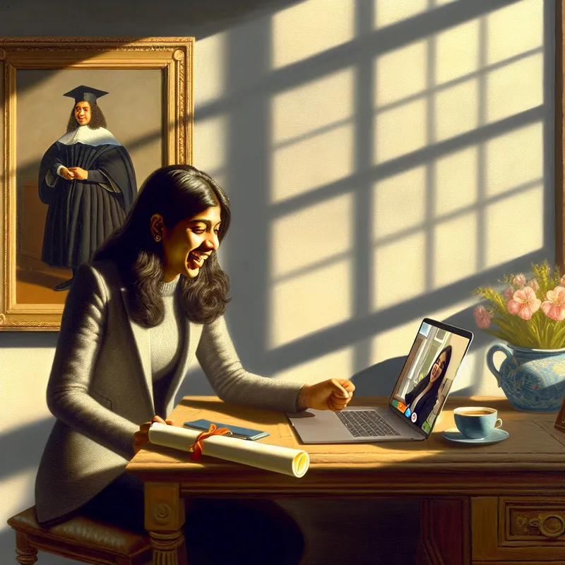 Een jonge professionele vrouw die glimlachend aan een mooi ingericht bureau zit met een open laptop en een video-call.