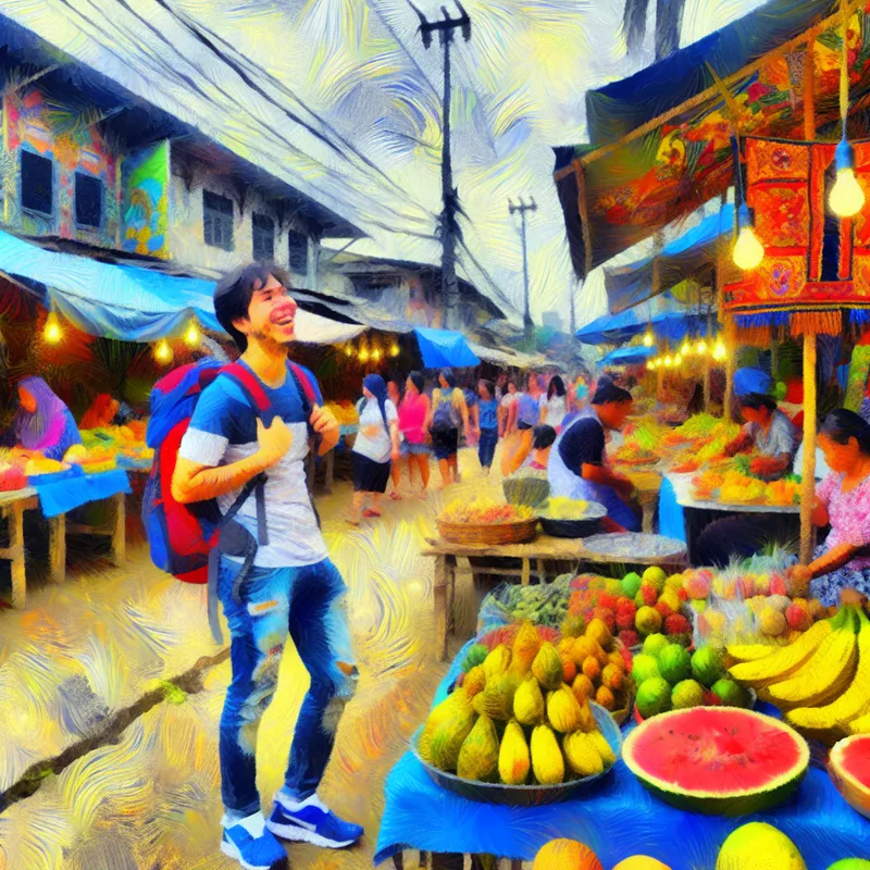 Jonge reiziger op een drukke traditionele Aziatische straat met kleurrijke marktkramen en een levendige sfeer.