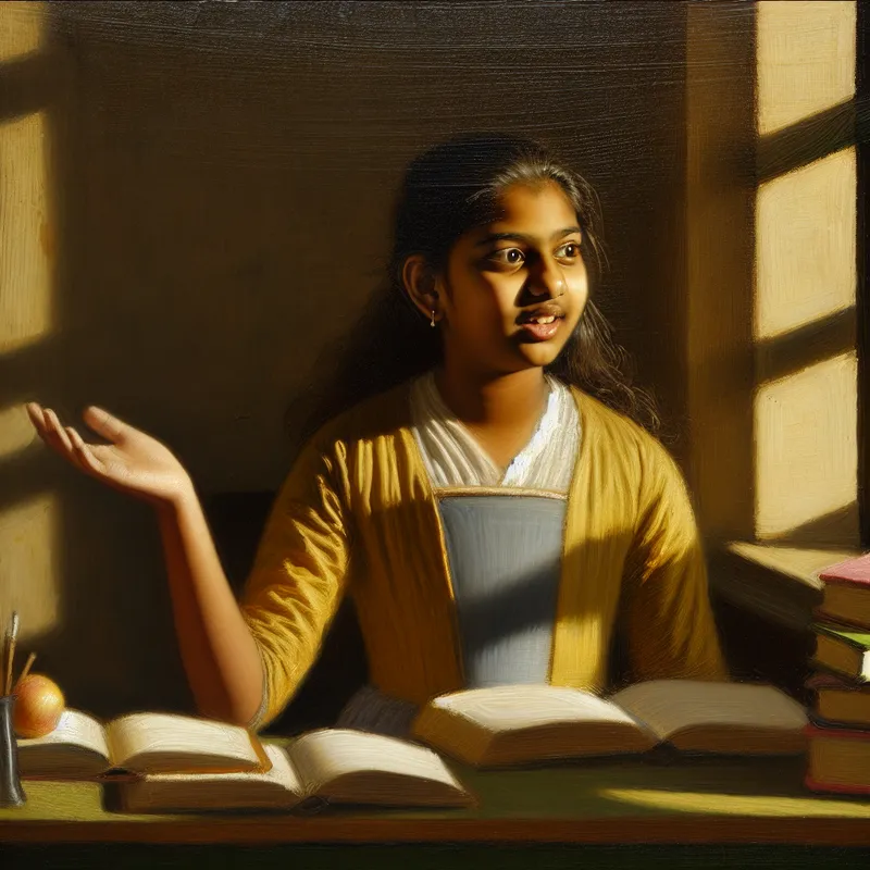 Een jonge student die aan een bureau zit in een zonovergoten klaslokaal, met een nieuwsgierige blik en zijn hand opgestoken om een vraag te stellen.