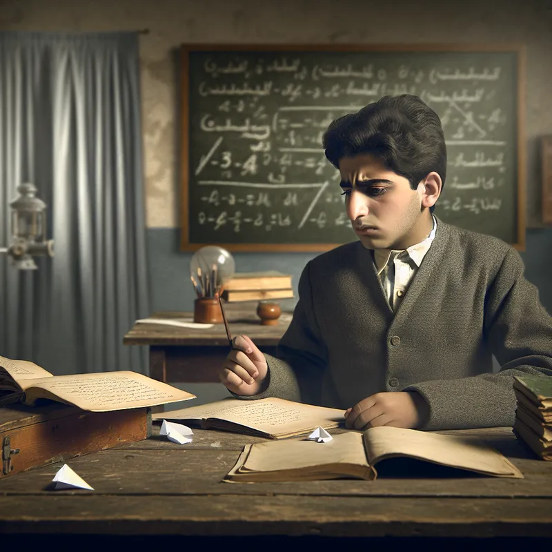 Een jonge student zit aan een houten bureau, omringd door boeken en papieren, met een bezorgde uitdrukking terwijl hij naar een rapport kijkt.