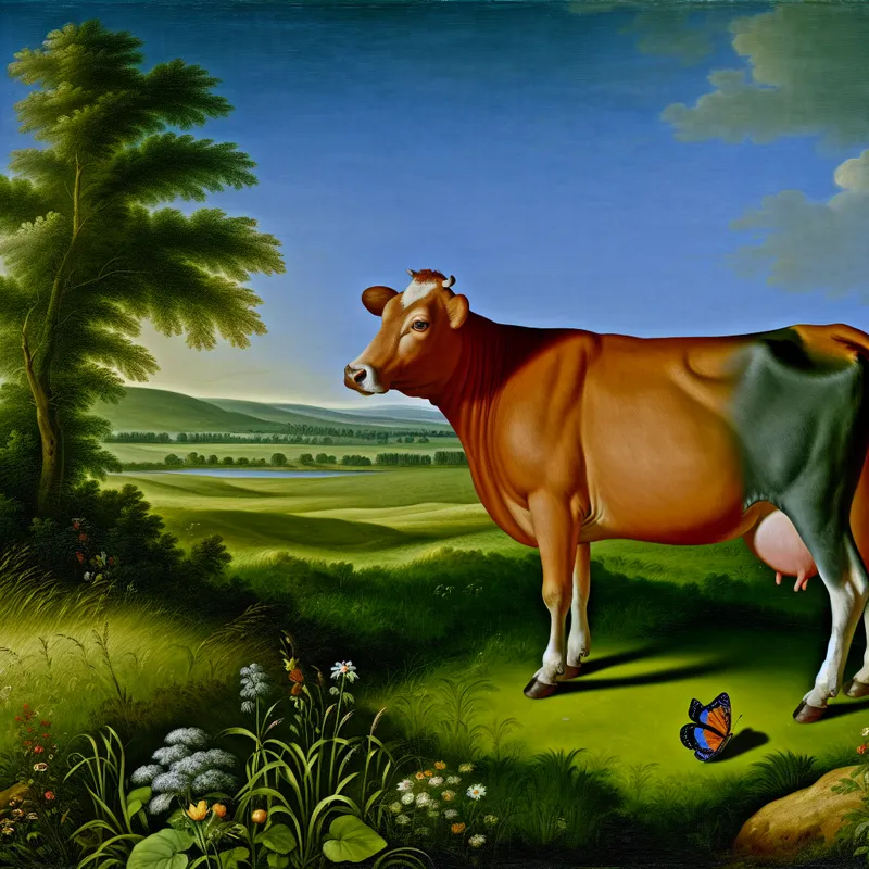 Een jonge vrouwelijke vaars graast vredig in een groene wei met een blauwe lucht op de achtergrond.