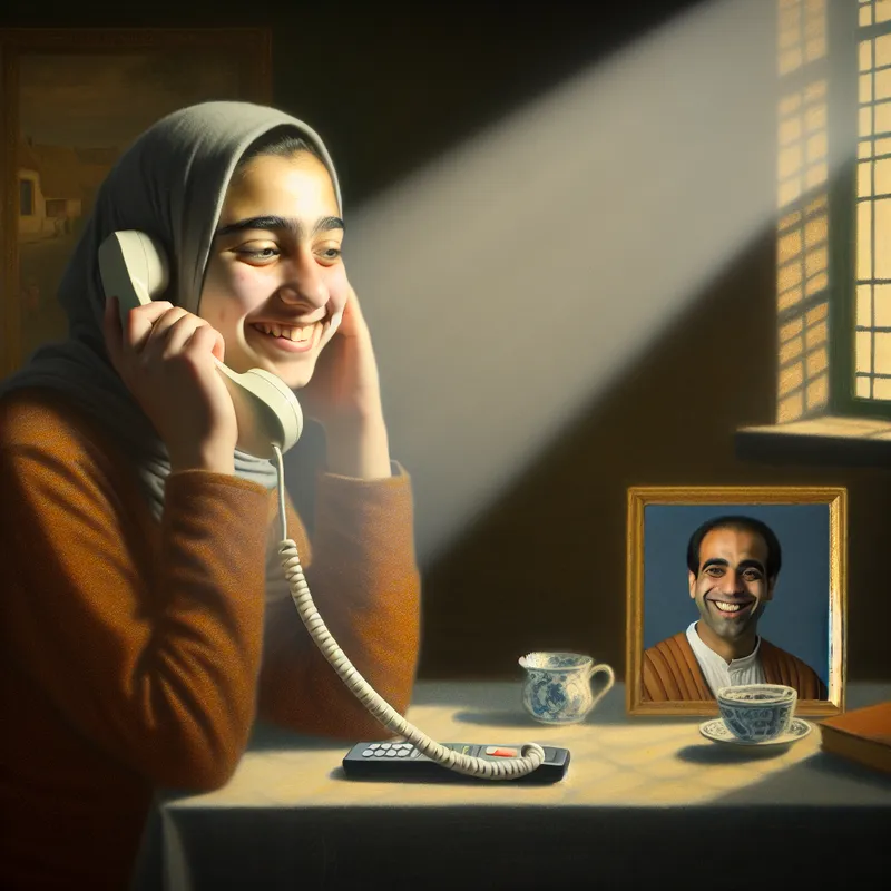 Jonge vrouw aan de telefoon, uitstraling van verlichting terwijl ze met een vriendelijke operator spreekt