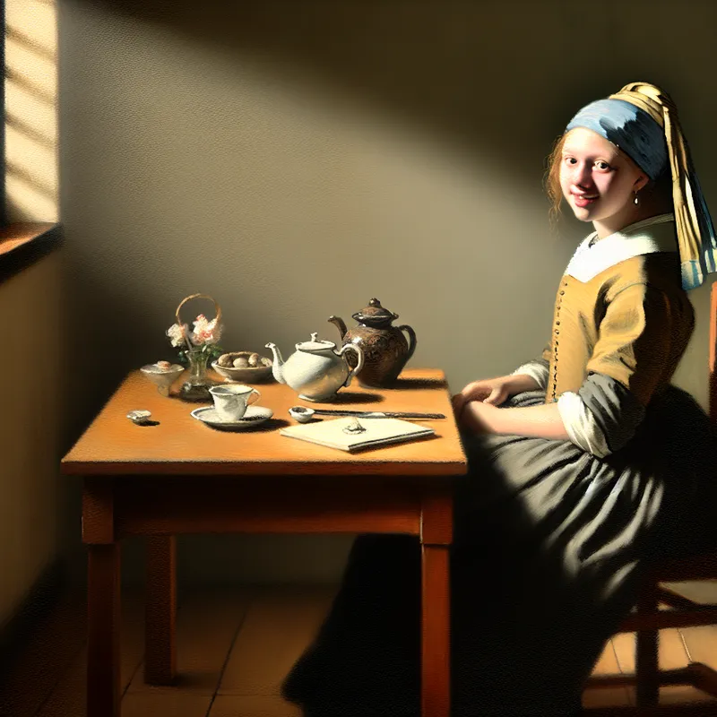 Jonge vrouw aan een houten tafel met een thee set, glimlachend terwijl ze een brief leest in een sfeervol verlichte kamer.