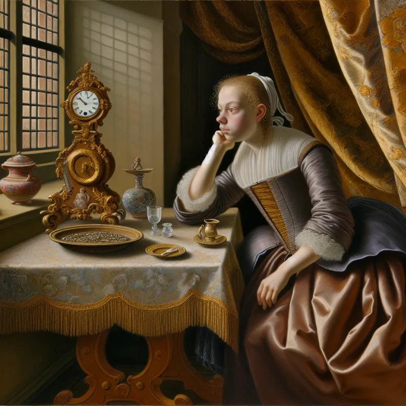 Een jonge vrouw in 17e-eeuwse kleding leunt elegant op een tafel met een antieke klok die half vier aangeeft en een brief in haar hand. Zacht zonlicht stroomt door het raam. 