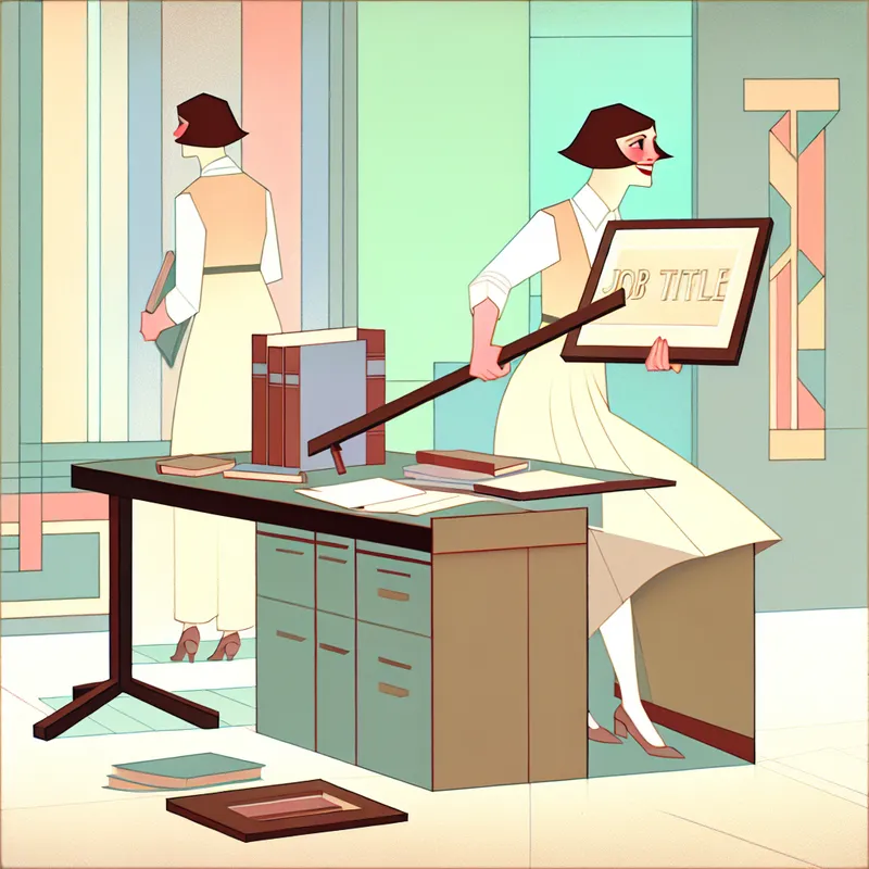 Jonge vrouw in een minimalistisch kantoor die een naamplaatje van haar bureau verwijdert terwijl ze studiematerialen vasthoudt, symboliseert haar keuze om te stoppen met haar werk en zich te concentreren op studies.