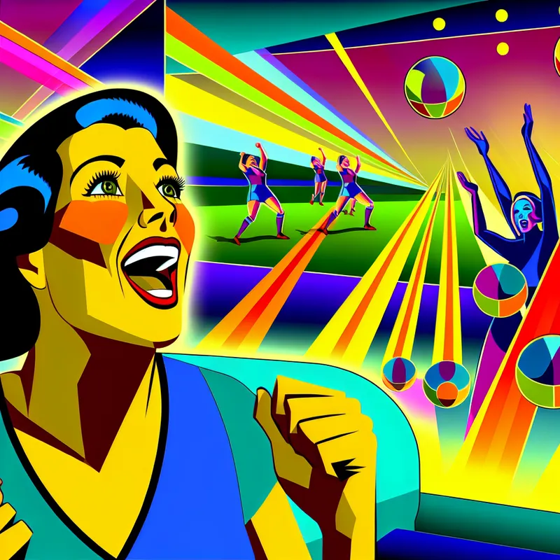 Jonge vrouw in retro-futuristische setting schreeuwend van blijdschap na een sportoverwinning.