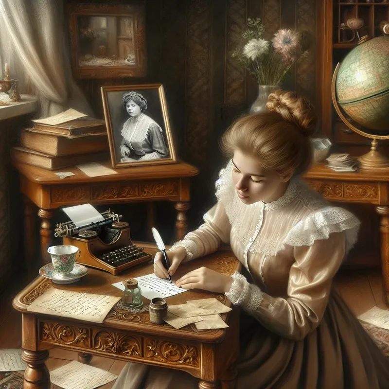 Een jonge vrouw schrijft een brief met een vulpen aan een sierlijk houten bureau, omringd door vintage items