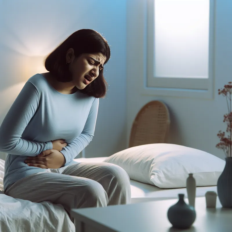 Jonge vrouw zit op de rand van haar bed en houdt haar buik vast met een pijnlijke uitdrukking, omringd door een serene omgeving.