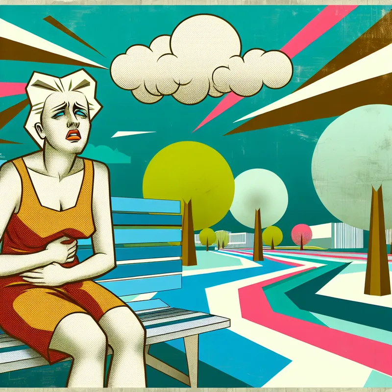 Een jonge vrouw met een pained expression, zittend op een retro-futuristisch bankje in een park, met haar handen op haar buik.