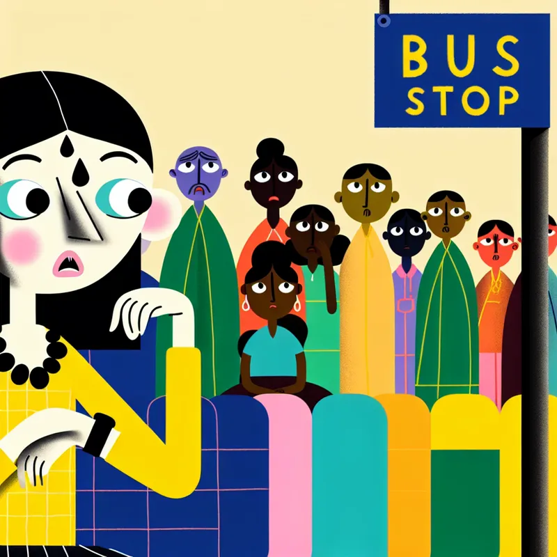 Een jonge vrouw zit ongemakkelijk en gefrustreerd op een druk busstation, terwijl ze op haar horloge kijkt.