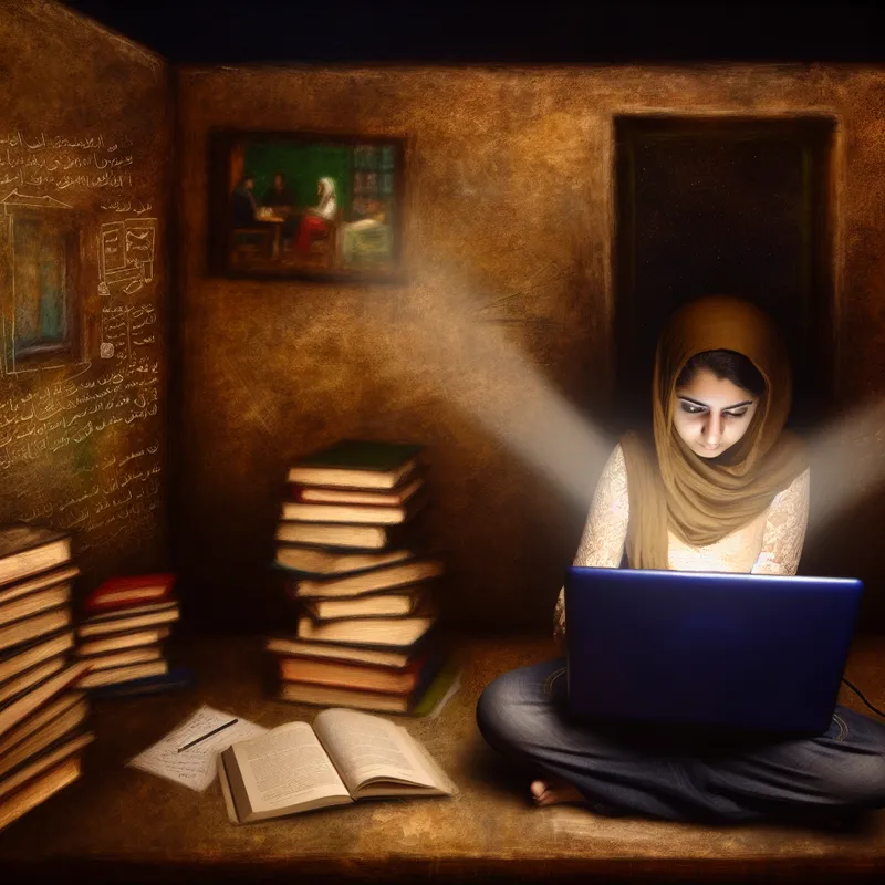 Jonge vrouw in een sfeervol verlichte kamer die zich concentreert op haar laptop, omringd door boeken en aantekeningen.