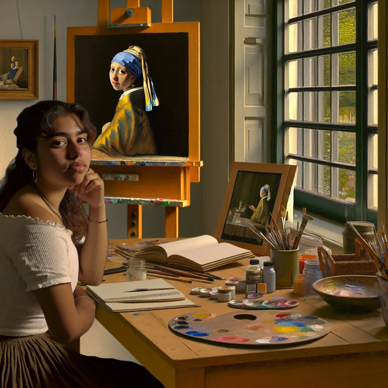 Jonge vrouw zit aan houten tafel met kunstbenodigdheden, schilderij en boeken, in een lichtgevende en creatieve omgeving.