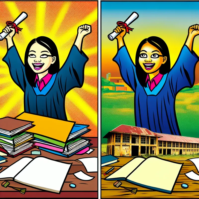 Een jonge vrouw viert haar diploma met een brede glimlach, omringd door een vrolijke achtergrond van felle kleuren en een lege schoolgebouwen op de achtergrond.