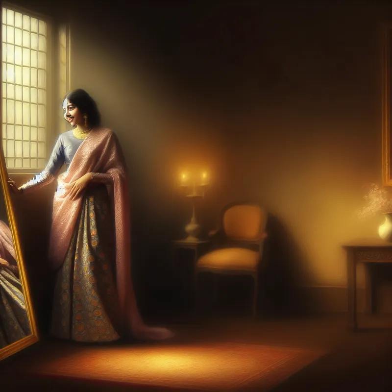 Jonge vrouw in een elegante jurk kijkt in de spiegel met een glimlach in een stijlvol verlichte kamer.