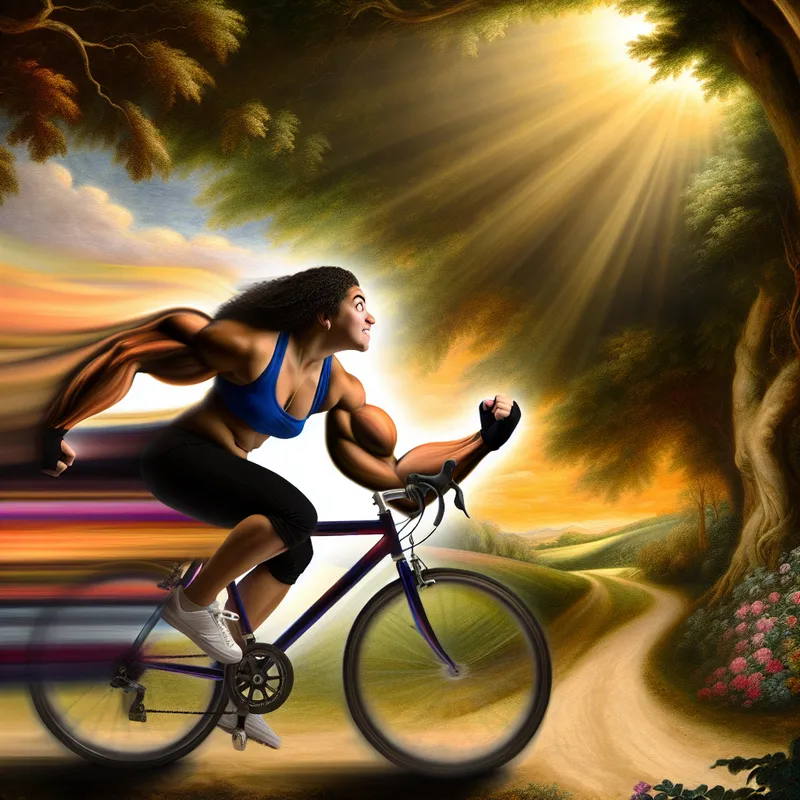 Jonge vrouw rijdt energiek op een fiets in een barokke omgeving met een stralende zon en groene bomen.