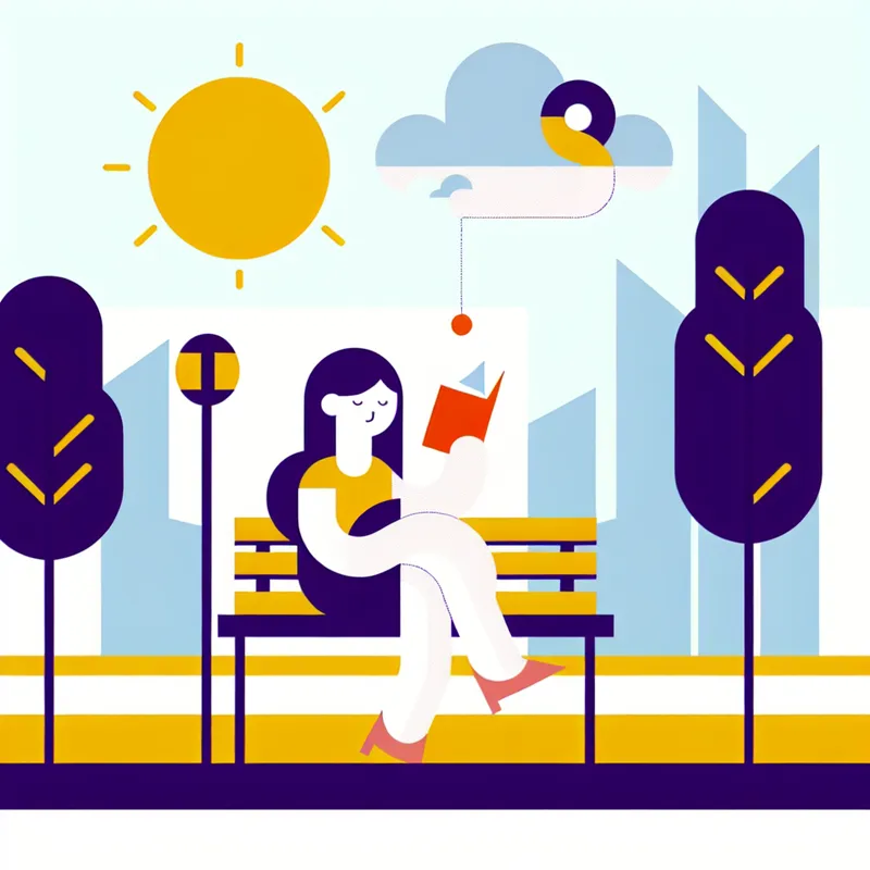 Minimalistische illustratie van een jonge vrouw die geniet van een levendige stadsscene, zittend op een parkbank met een boek.