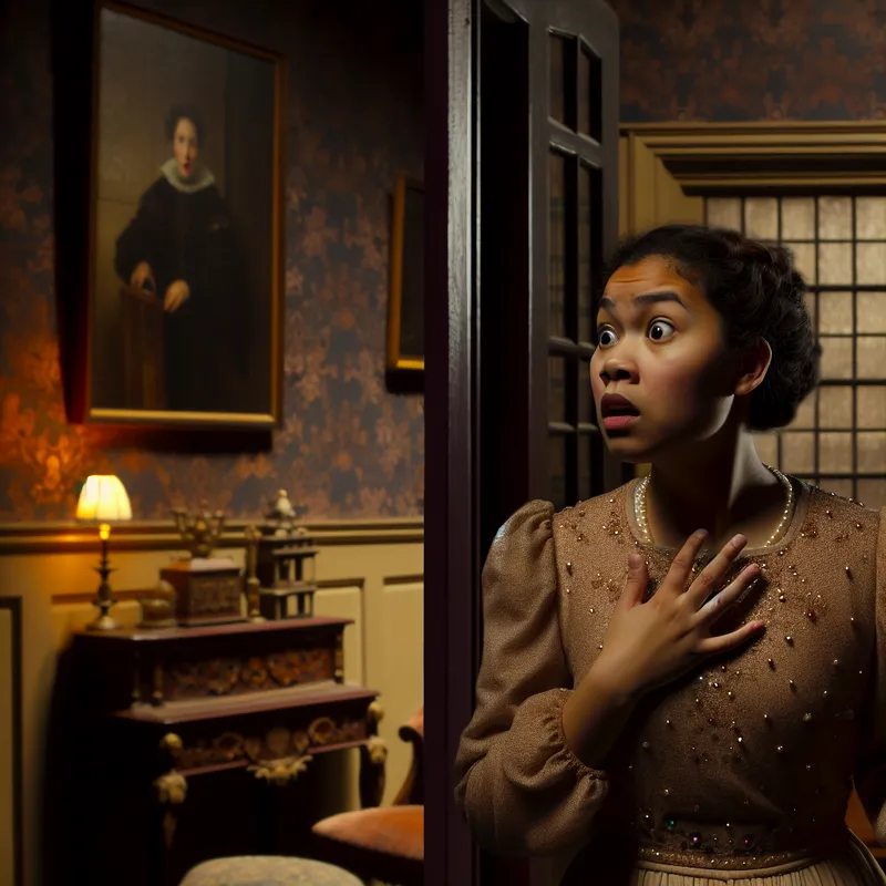 Een jonge vrouw in een sfeervolle kamer, zichtbaar geschrokken door een dichtslaande deur, met een uitdrukking van angst en verbazing.