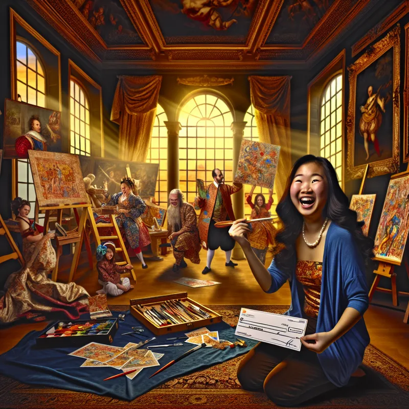 Een jonge vrouw in een barokke kamer houdt blij een cheque vast voor subsidie, omringd door kleurrijke kunstwerken en creatieve hulpmiddelen.