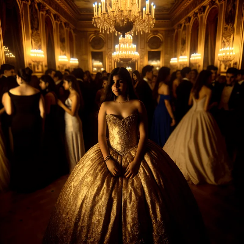 Een jongedame in een elegante baljurk staat in een grand ballroom, verlicht door gouden licht.