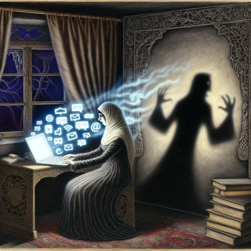 Een jonge vrouw in een schimmige kamer, geconcentreerd op een laptop terwijl haar silhouet een schaduw werpt op een versierde muur met ingewikkelde houtsneden.