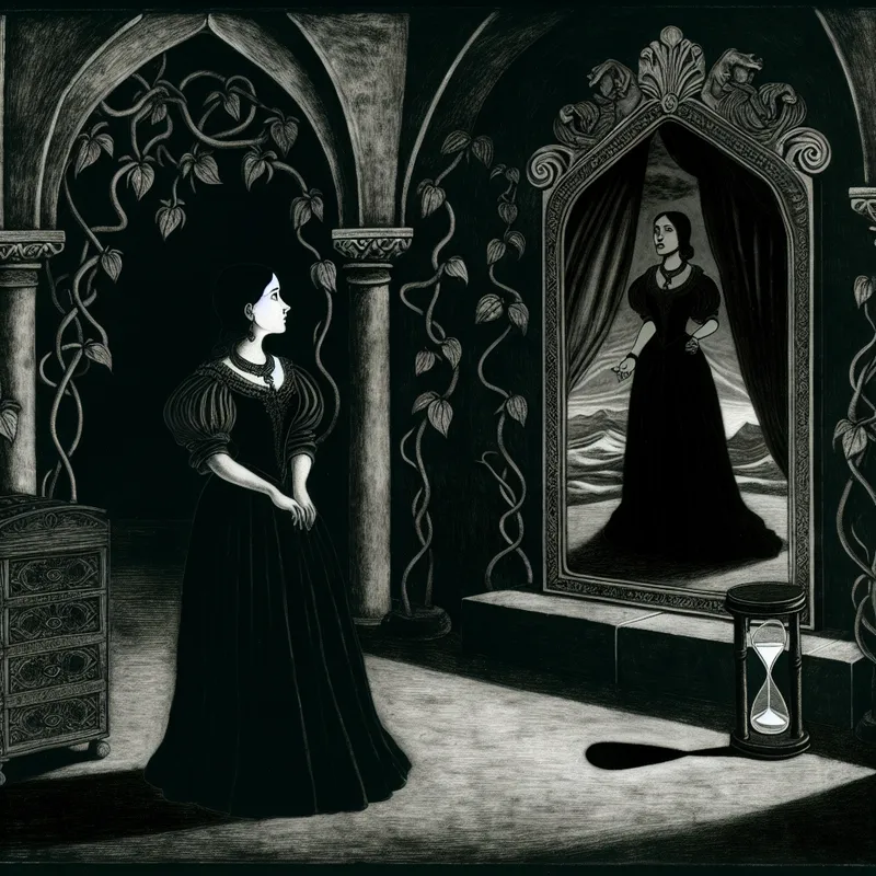 Een jonge vrouw staat in een schemerig vertrek en kijkt naar een grote spiegel waarin haar moeder elegant is afgebeeld, alle symbolen van groei en verandering vertegenwoordigend.