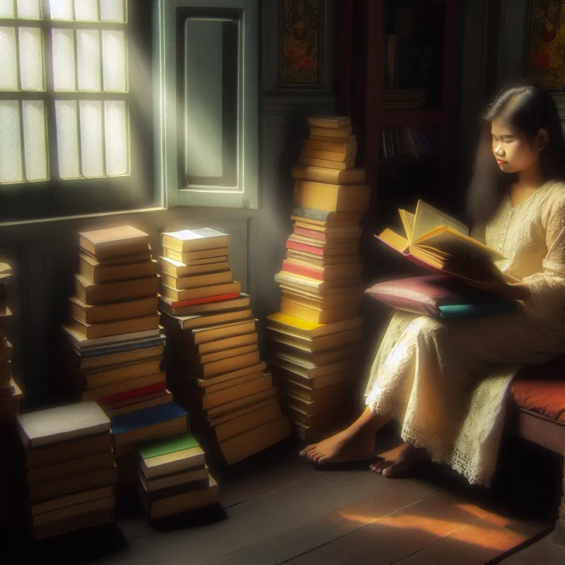 Jonge vrouw in een gezellige leeshoek omringd door boeken, verdiept in een boek met zonlicht dat door het raam stroomt.