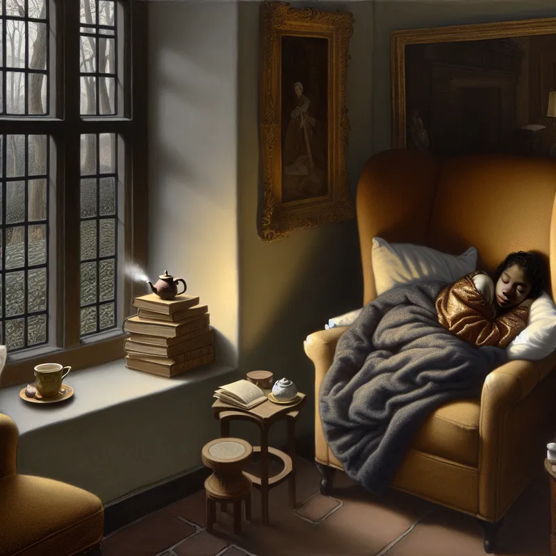 Een jonge vrouw zit comfortabel in een lichte woonkamer, gewikkeld in een deken, met boeken en een kopje thee dichtbij.