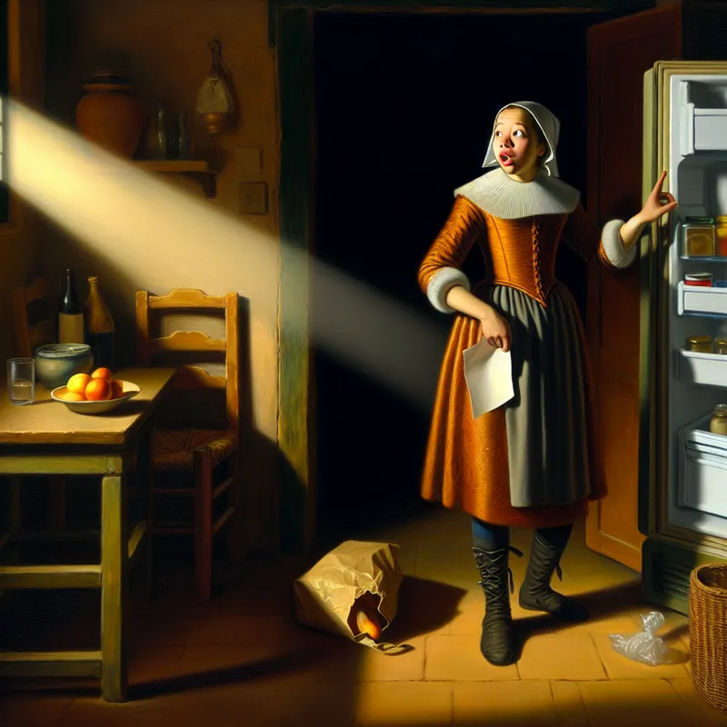 Jonge vrouw in een dim verlichte keuken kijkt verrast naar een open koelkast met een boodschappenlijst in haar hand.