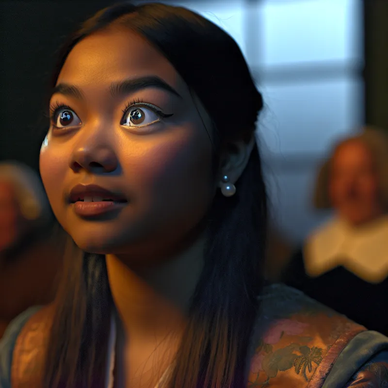 Jonge vrouw met prachtige ogen, zittend in een concertzaal, terwijl ze een zanger op het podium bewondert.