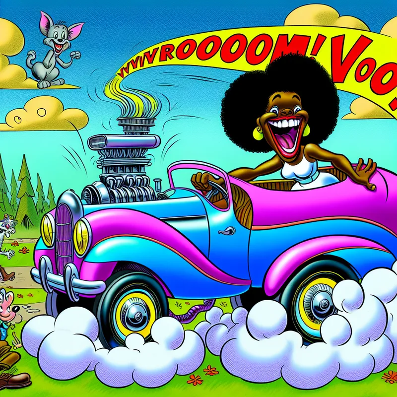 Een jonge vrouw in een kleurrijke cartoonauto met een grote glimlach, terwijl ze de sleutel in het contact draait en het motorgeluid 'Vroom!' hoort.