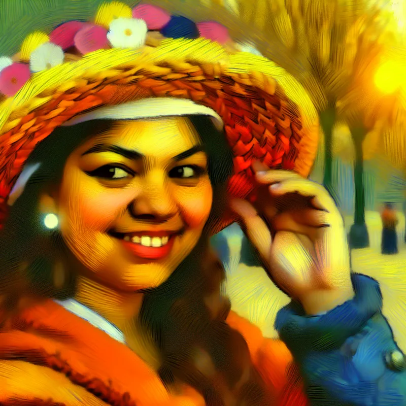 Een jonge vrouw in een kleurrijke hoed die speels glimlacht en haar hoofd aanraakt.