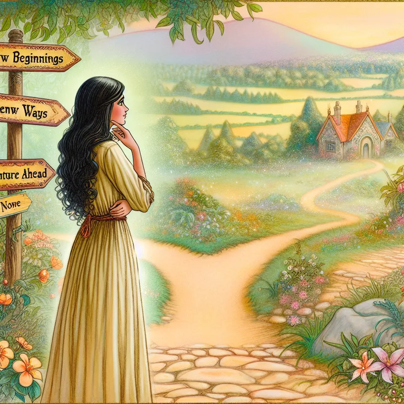 Een jonge vrouw staat bij een kruispunt in een vintage landschap, met padborden voor 'Nieuwe Beginnen' en 'Avontuur Vooruit'.
