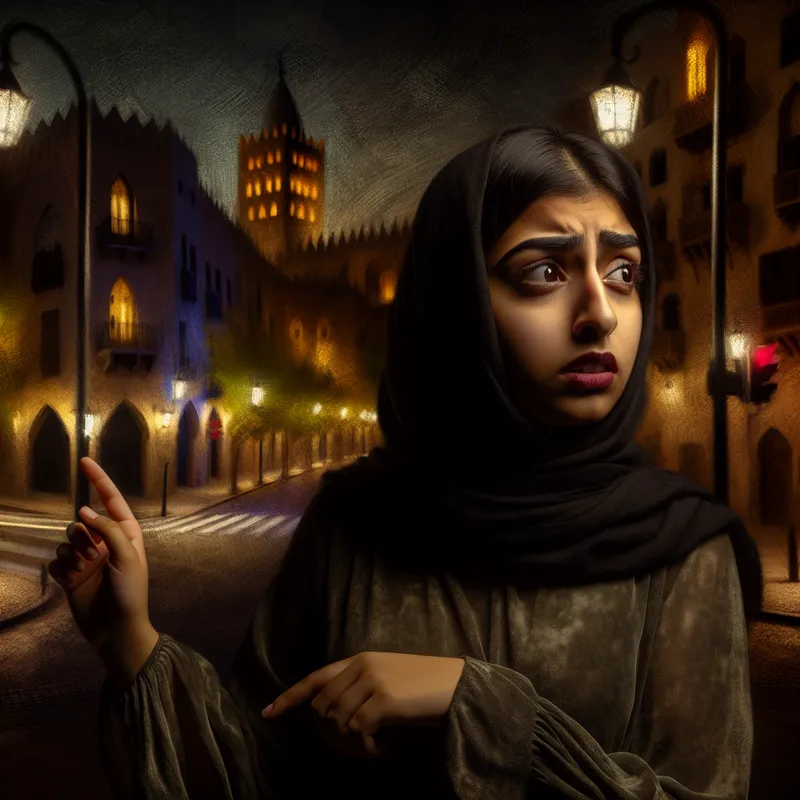 Jonge vrouw staat op een kruispunt in een sfeervolle stad, kijkend naar een onbekend pad, met drama en emotie in haar gezichtsuitdrukking.