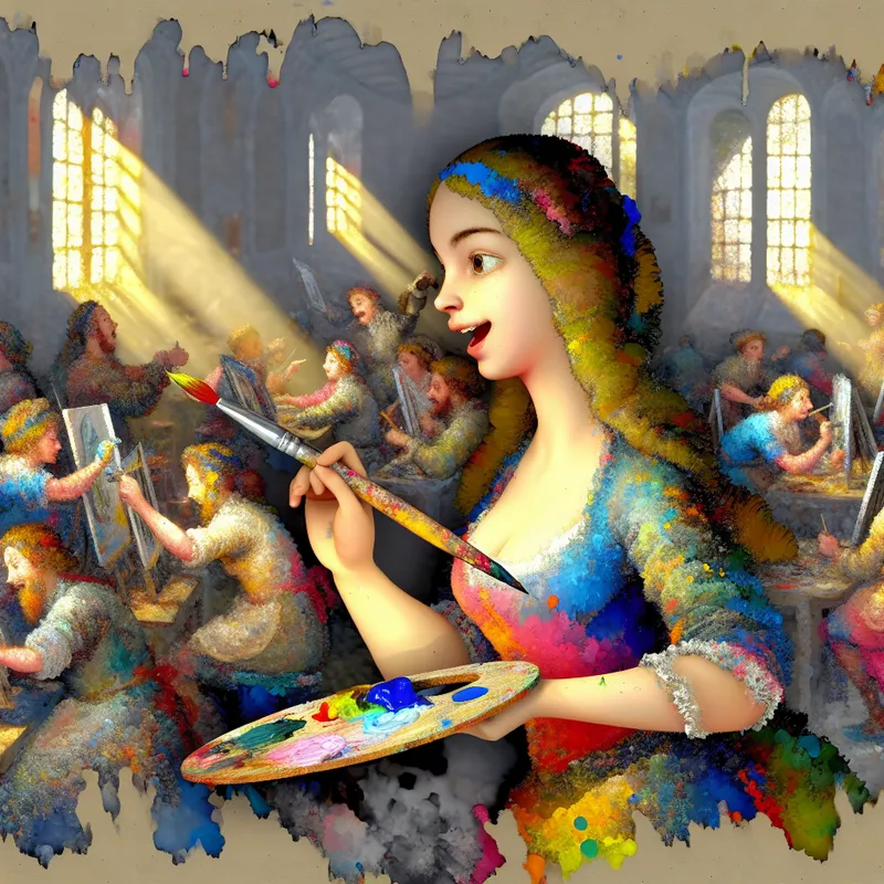 Jonge vrouw in een kunststudio tijdens een levendige schildercursus, omringd door kleurrijke doeken en verfspetters, met een blije uitdrukking op haar gezicht terwijl ze een penseel vasthoudt.