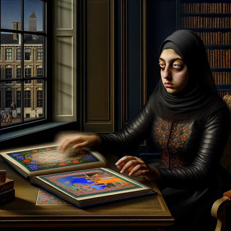 Een jonge vrouw zit aan een elegant bureau en staart leeg voor zich uit naar een open boek met rijke illustraties.