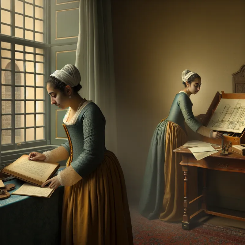 Een jonge vrouw in een serene interieur, leest een boek en schakelt over naar het werken aan een bureau vol projecten.