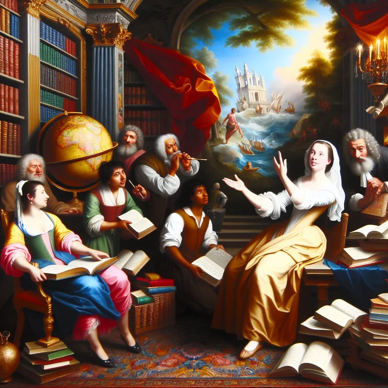 Een jonge vrouw spreekt zelfverzekerd in een lichte kamer vol boeken en kaarten, omringd door een diverse groep mensen, die verschillende culturen vertegenwoordigen.