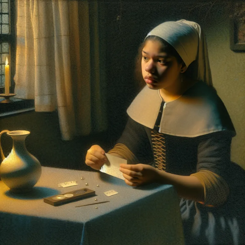 Een jonge vrouw in een zacht verlichte kamer, die bezorgd naar buiten kijkt terwijl ze een brief vasthoudt.