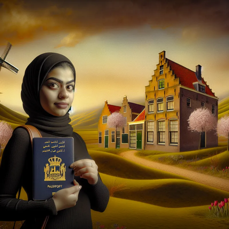 Een jonge vrouw met een Iraaks paspoort voor een oud Nederlands huis, te midden van een serene natuurlandschap.
