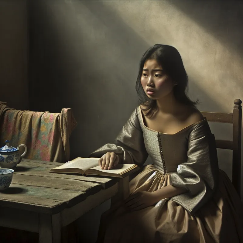 Jonge vrouw met een droevige blik, zittend aan een houten tafel met een open boek voor zich